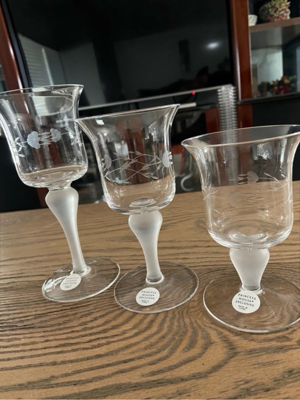 Princess House Clear Etched Crystal Wine Glasses with Frosted Stems